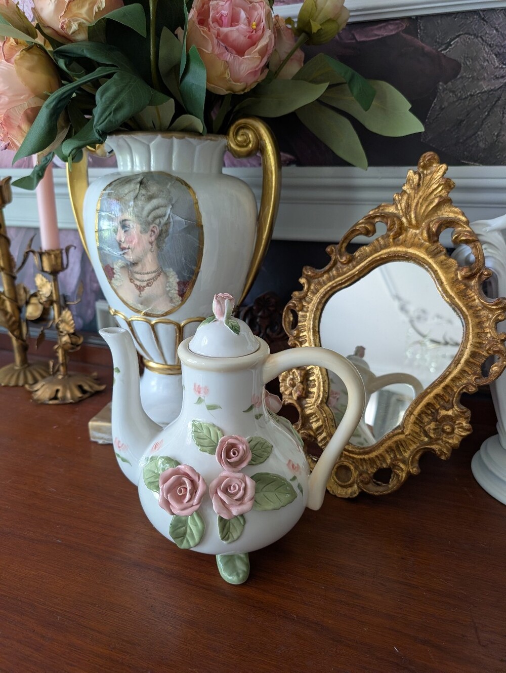 Vintage Home Interiors Victorian Pink 3D Rose Garden Hand Painted Teapot  9"